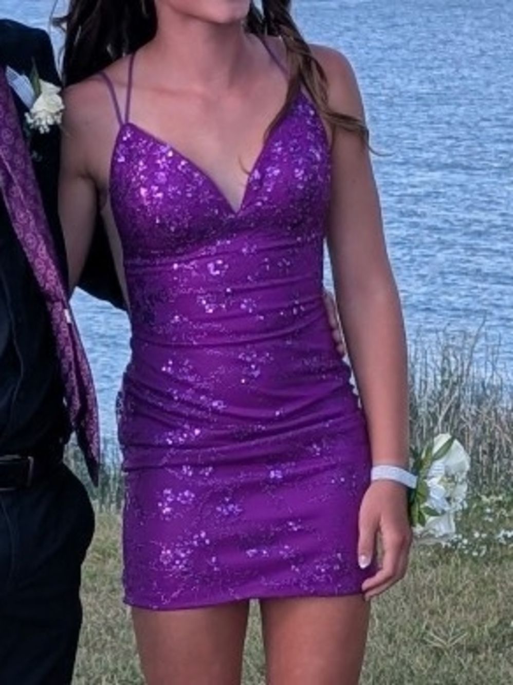 Amarra Homecoming Purple Sequin Spaghetti-Strap Mini Dress